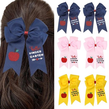 Hello kindergarten apple hair bow