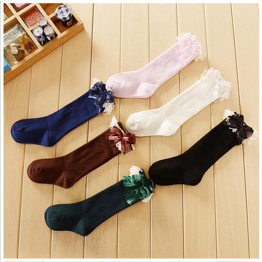 Lace trim bow knee high Socks