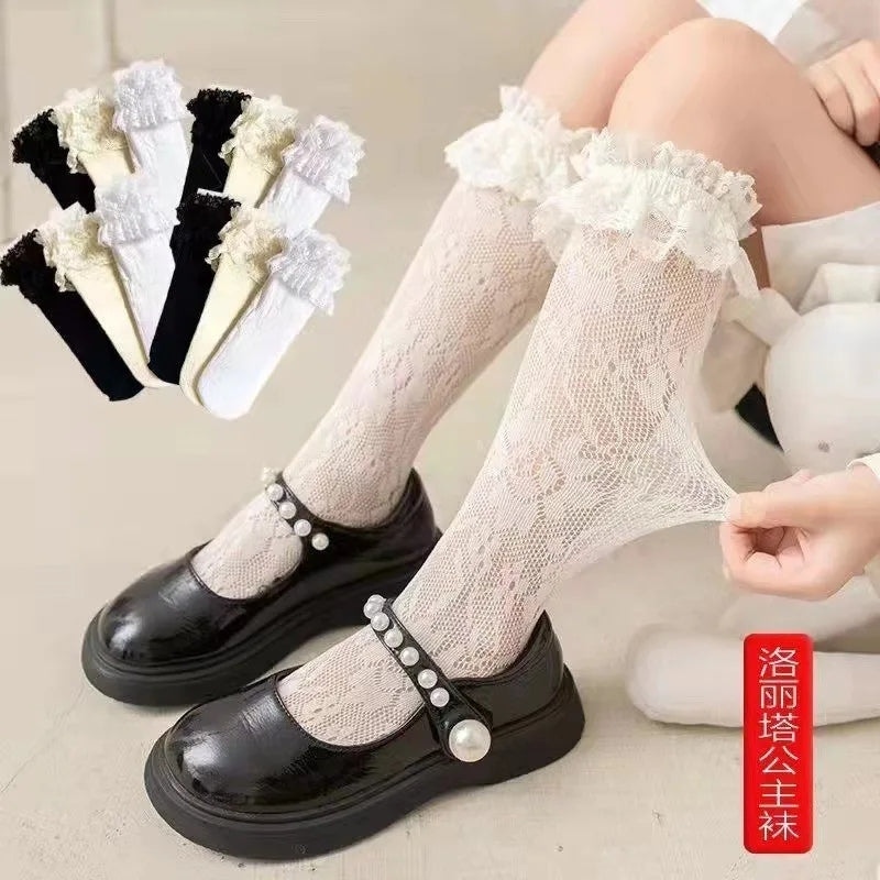 Lace ruffle stockings (white, cream and black)