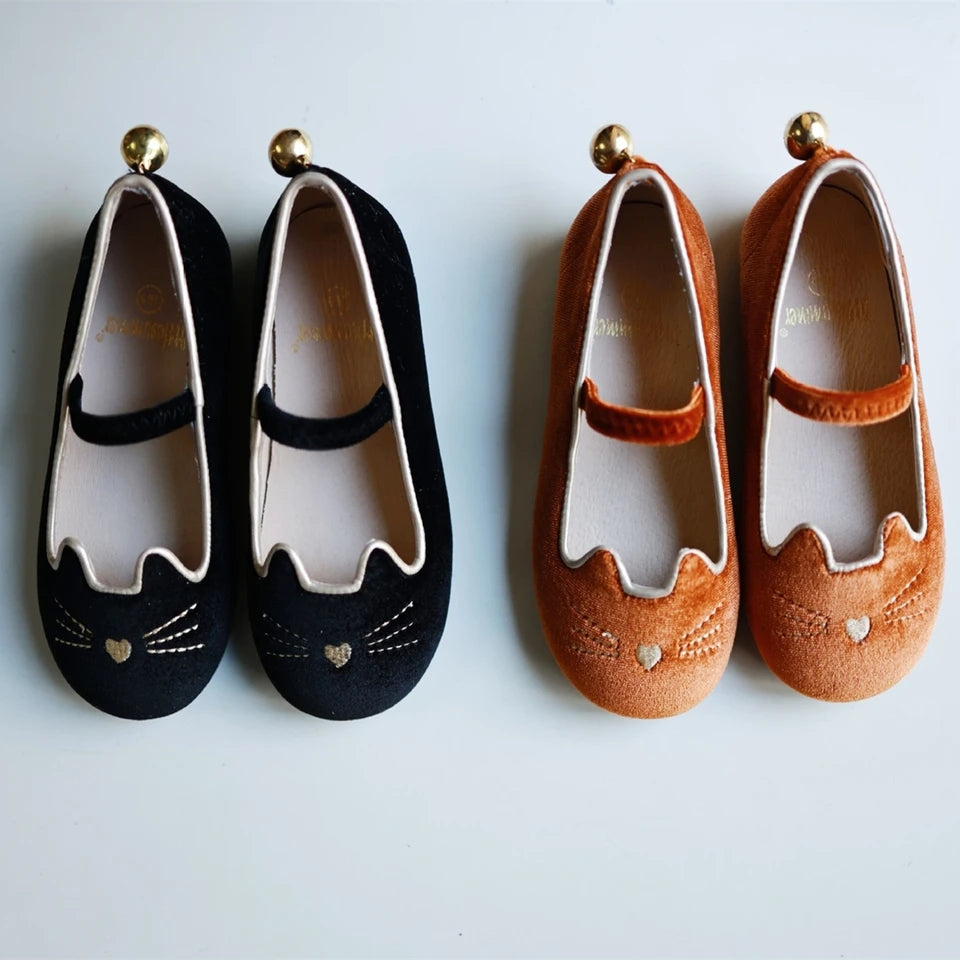 Luna Black cat velour kitty shoes with bell