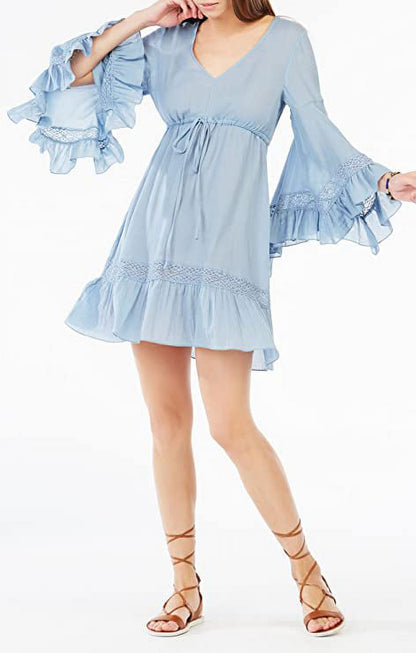 BCBGMAXAZRIA Jackleen Ruffled Peasant Dress Shadow Blue (Medium)