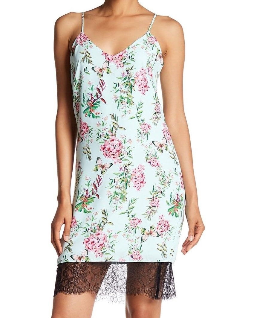 Adelyn Rae NEW Blue Floral Print Black Lace-Trim Large L Slip Dress