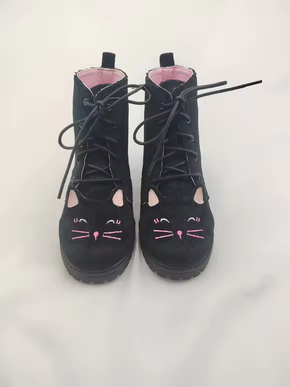 Midnight Mischief Cat suede combat boots