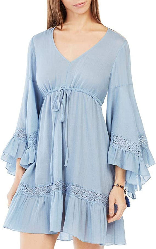 BCBGMAXAZRIA Jackleen Ruffled Peasant Dress Shadow Blue (Medium)