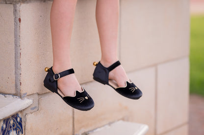 Luna Black cat velour kitty shoes with bell - Ready to ship