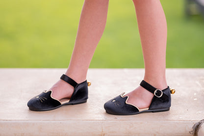 Luna Black cat velour kitty shoes with bell - Ready to ship
