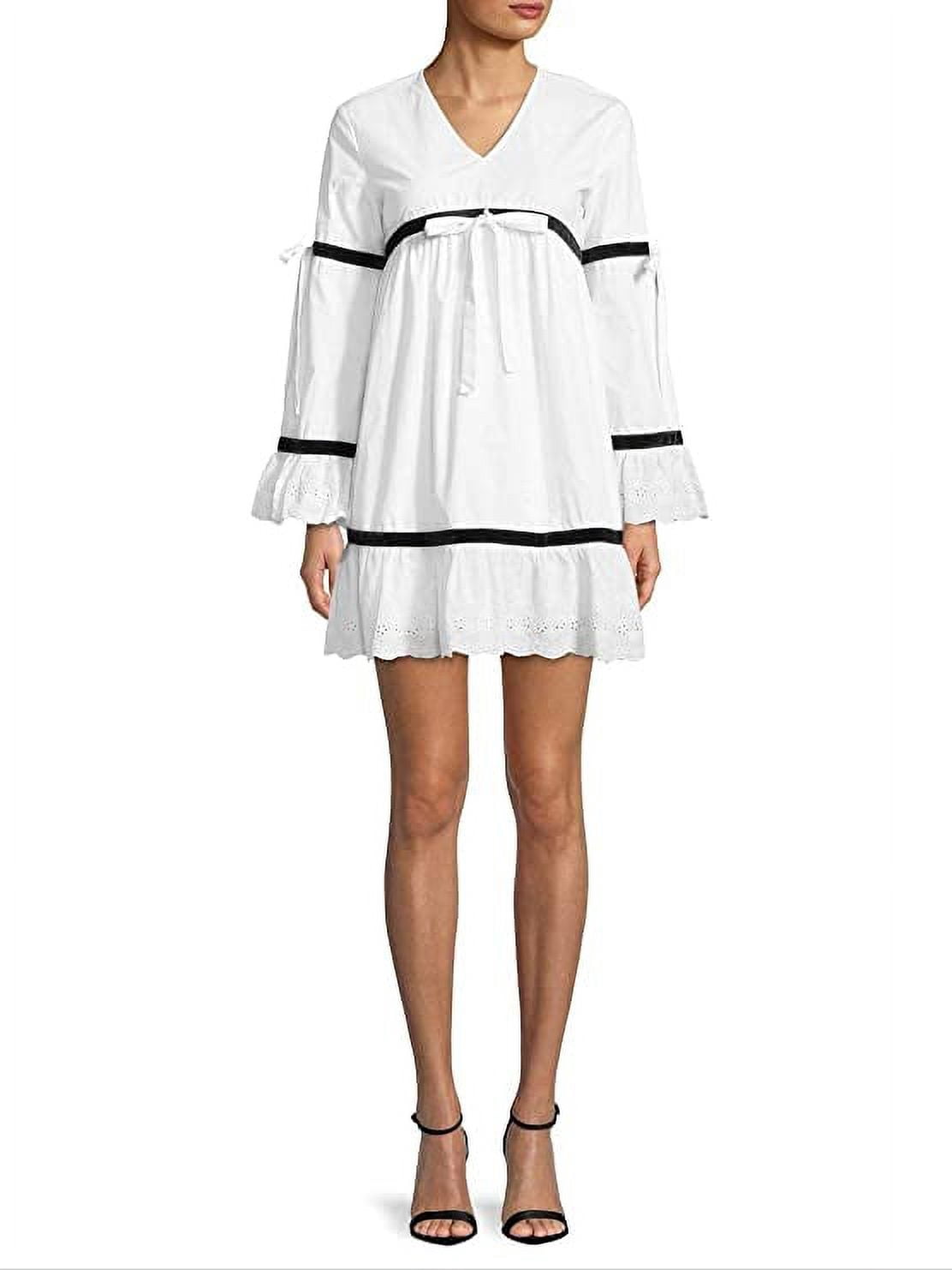 English Factory Women's White Velvet Trim Bell Sleeve Shift, Medium
