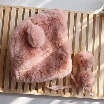 Fuzzy bear pom pom hat