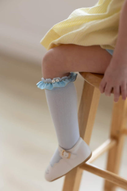 Double Pearl Ruffle knee high socks RTS