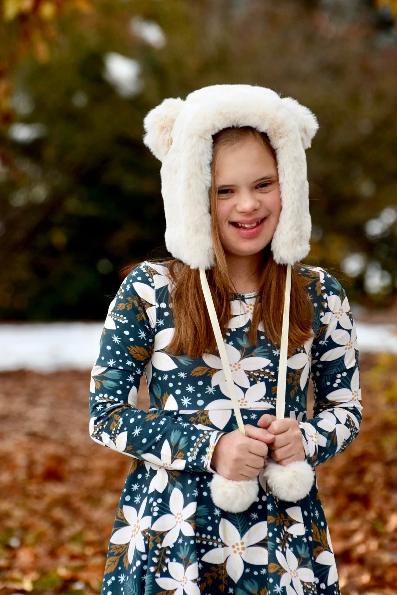 Fuzzy bear pom pom hat