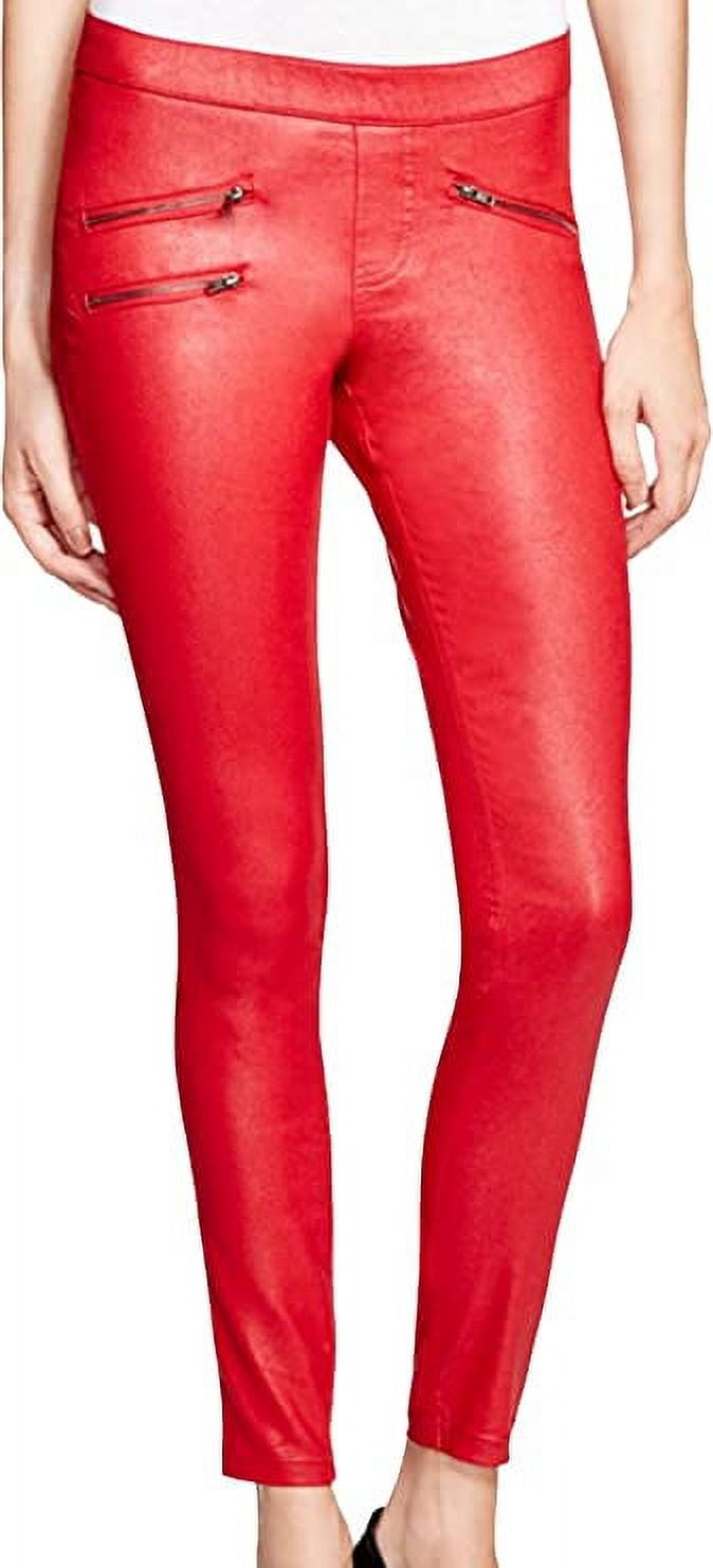 HUE Zippered Glossy Denim Leggings, Red, Medium
