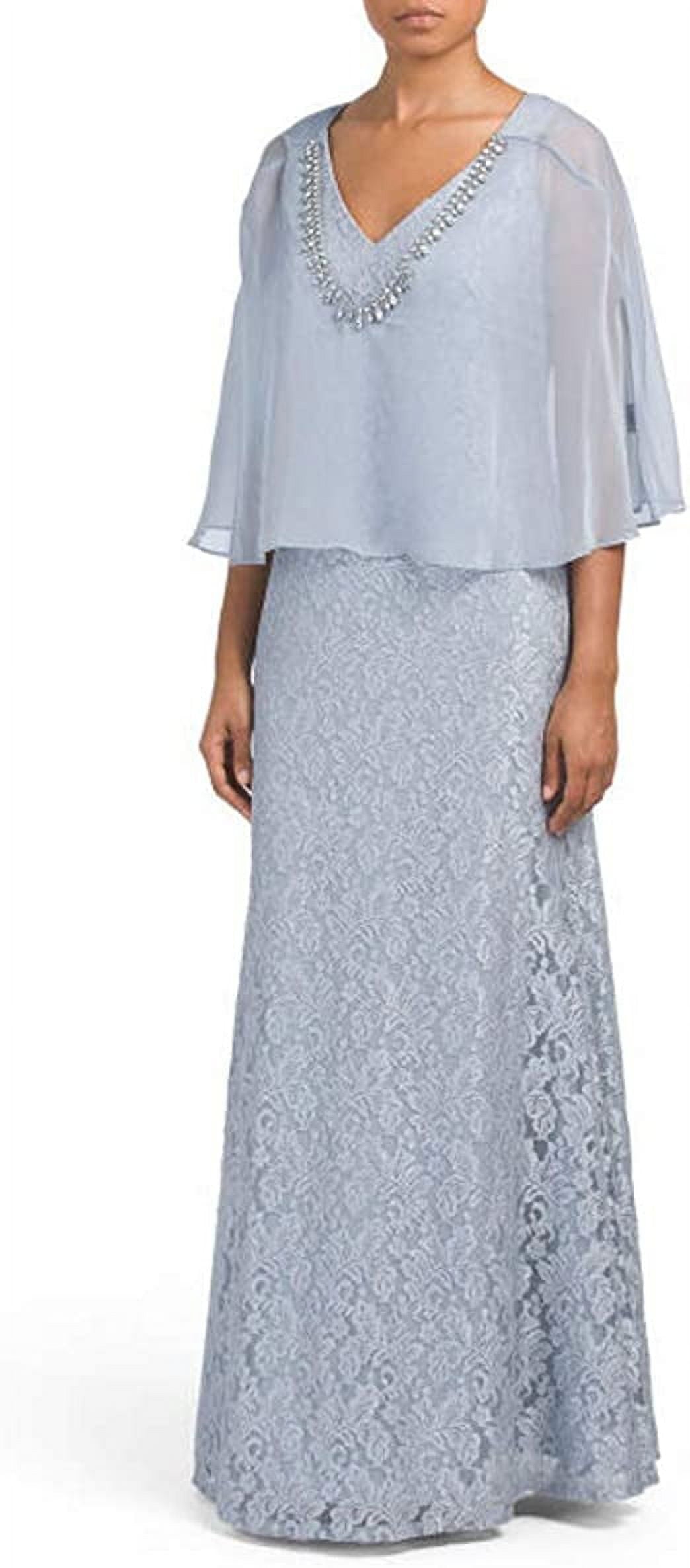 Ignite Evenings Glitter Lace Gown with Beaded Cape, Blue - 6