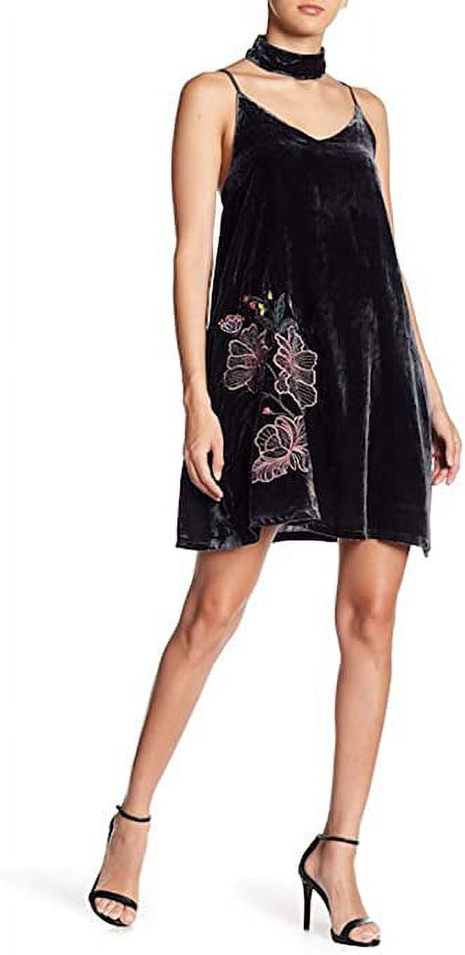 J.O.A. Choker Embroidered Velvet Mini Dress, Charcoal - Large