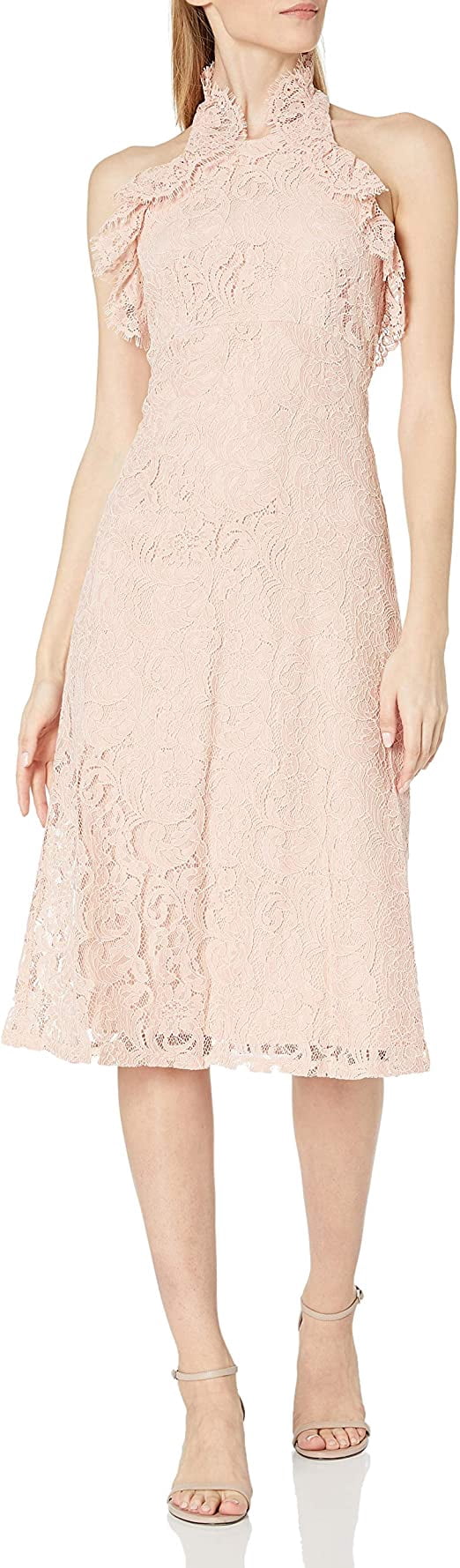 Nanette Nanette Lepore Women's Sleeveless Halter Neck Lace Midi Dress, Barely Blush, 10
