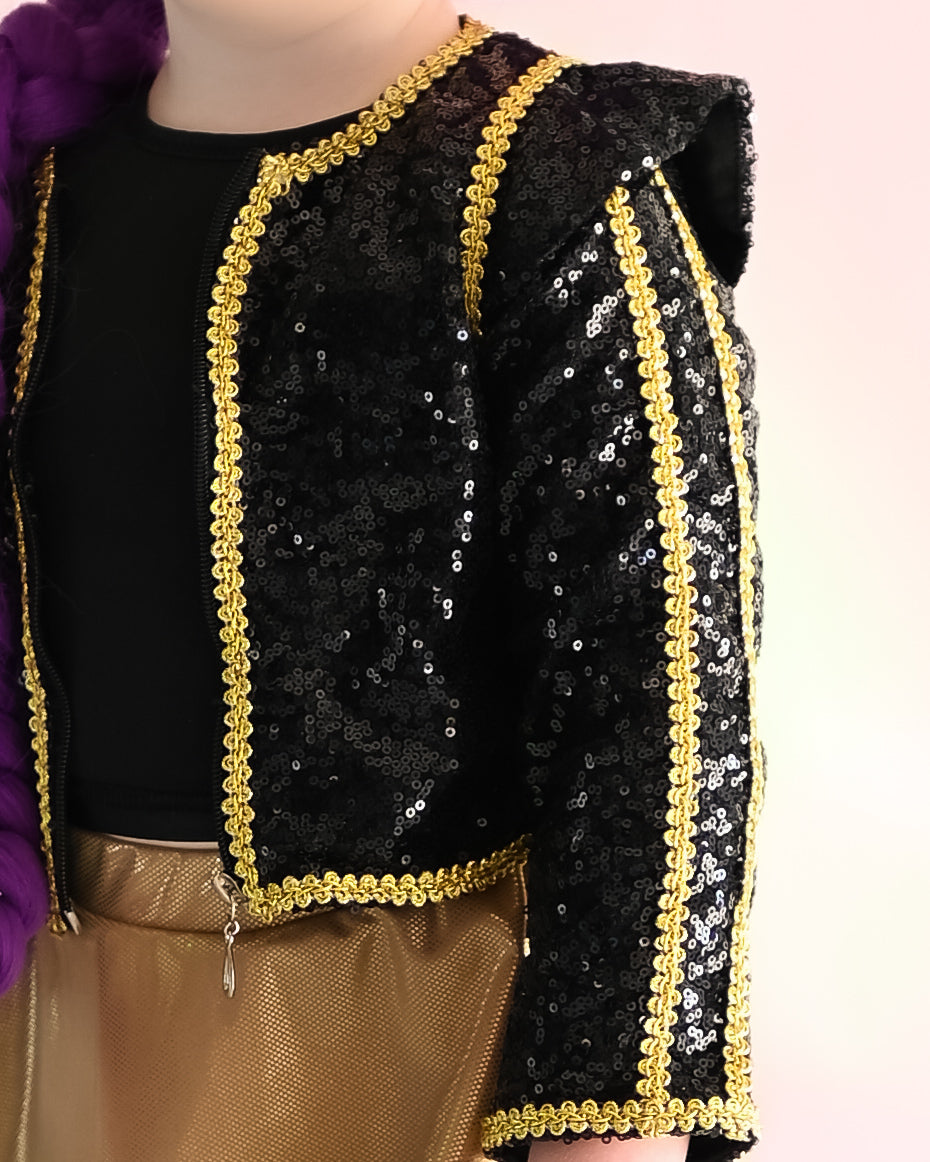 Kpop black gold cropped sequin jacket