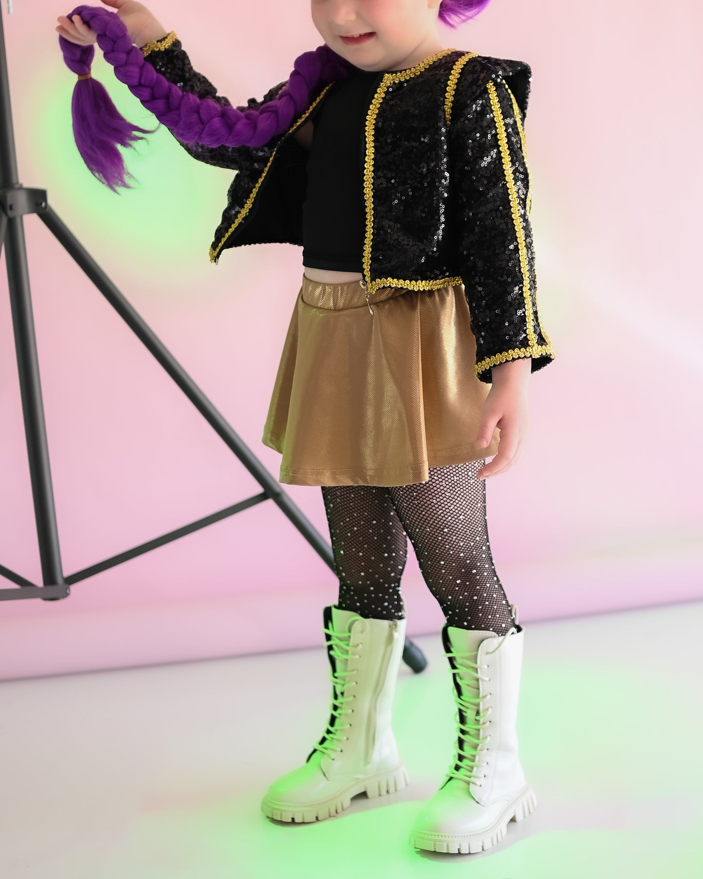 Kpop black gold cropped sequin jacket