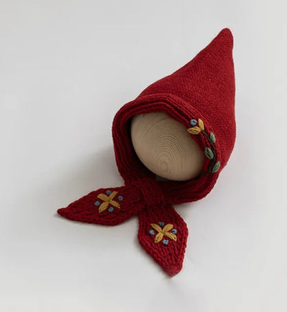Crochet embroidered pixie hat bonnet