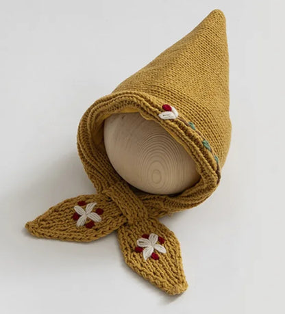 Crochet embroidered pixie hat bonnet
