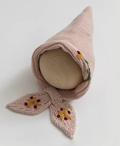 Crochet embroidered pixie hat bonnet