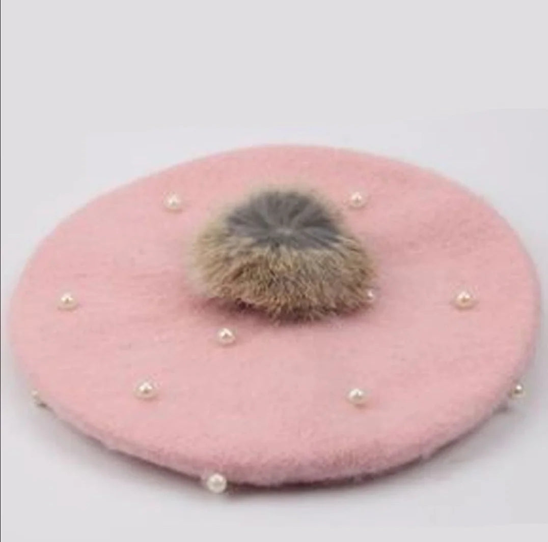 Fur pom pearl pom beret