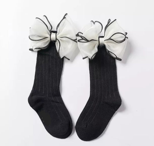 Black white bow socks