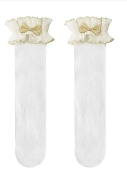 Gold bow contrast ruffle socks