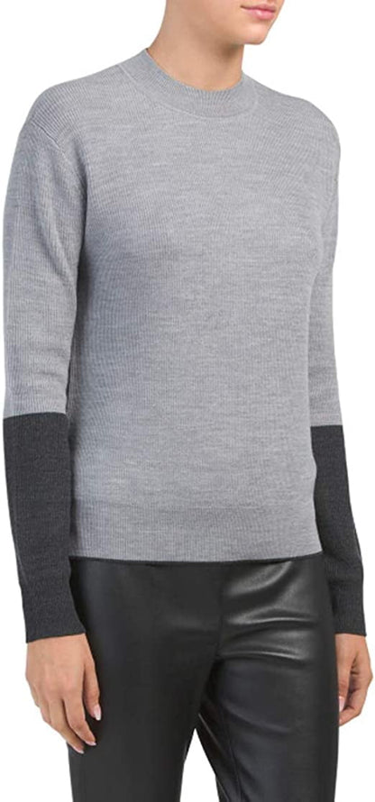 Theory Color-Block Pullover Merino Wool Sweater, Grey Combo - Medium