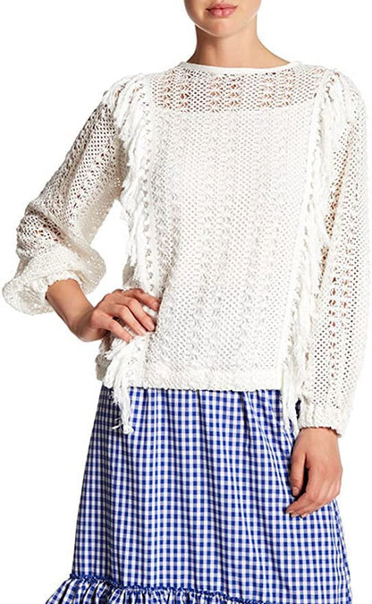 Tov Open Knit Fringe Pullover - White (42)