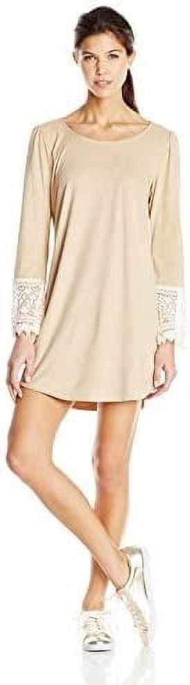 Trixxi Juniors Suede Dress Crochet Sleeve Trim, Stone Beige, large