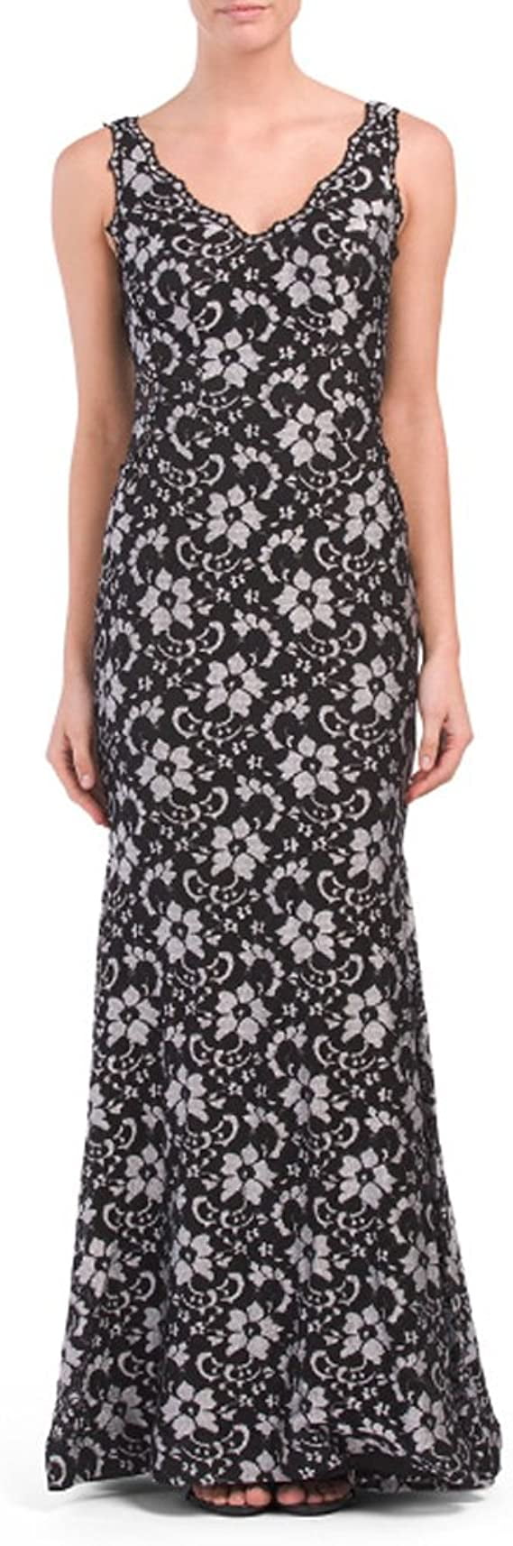 Xscape Long Lace V-Neck Gown Dress, Black/Silver - 8