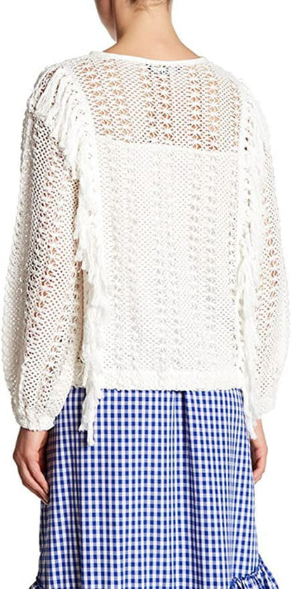 Tov Open Knit Fringe Pullover - White (42)