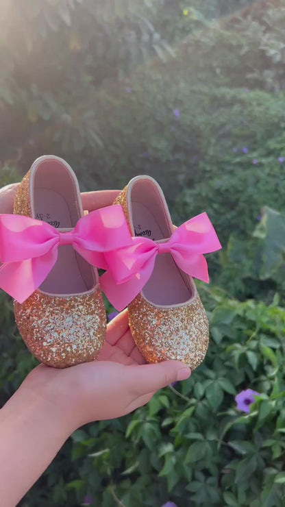 Charlotte glitter flats with interchangable satin bow