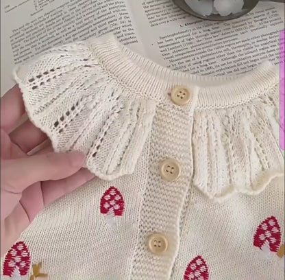 Mushroom embroidered cardigan with collar and romper