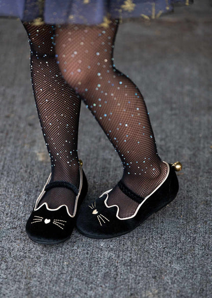 Luna Black cat velour kitty shoes with bell - Ready to ship