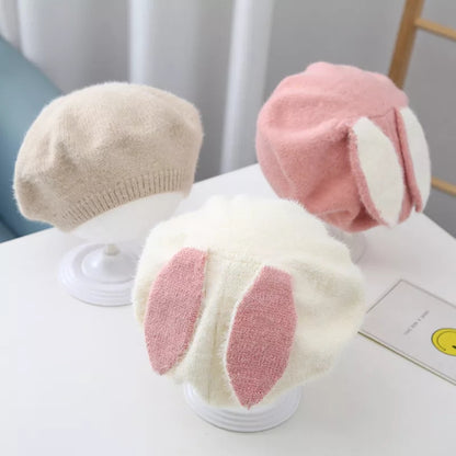 Bunny Ear Beret pink and white