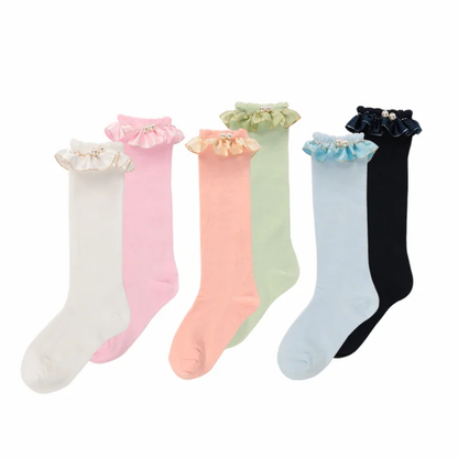Double Pearl Ruffle knee high socks RTS