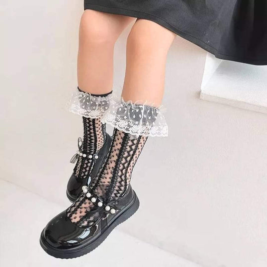 Black lace mesh socks white ruffle top