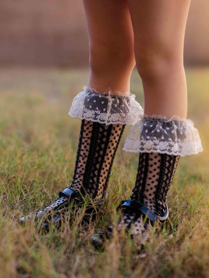 Black lace mesh socks white ruffle top RTS