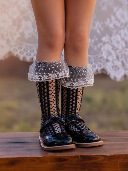 Black lace mesh socks white ruffle top RTS